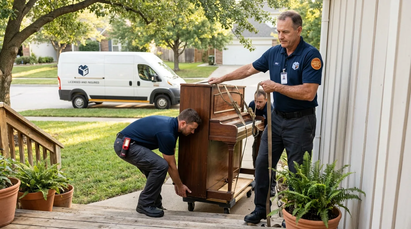 Licensed piano movers securing grand piano in Kodiak, AK