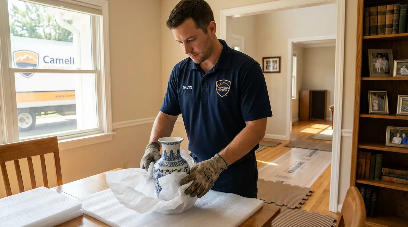 Professional crew carefully wrapping antique vase for senior downsizing move in Kodiak, AK